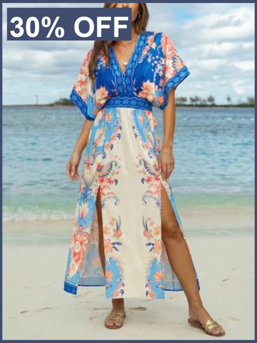 Women's Floral Maxi Dress V-Neck Short Sleeve Smocked Side Slit Pocket - Picture 5 of 7